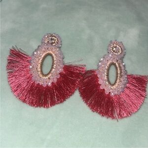 Red Fringe Fan Earrings with Rhinestone Accents